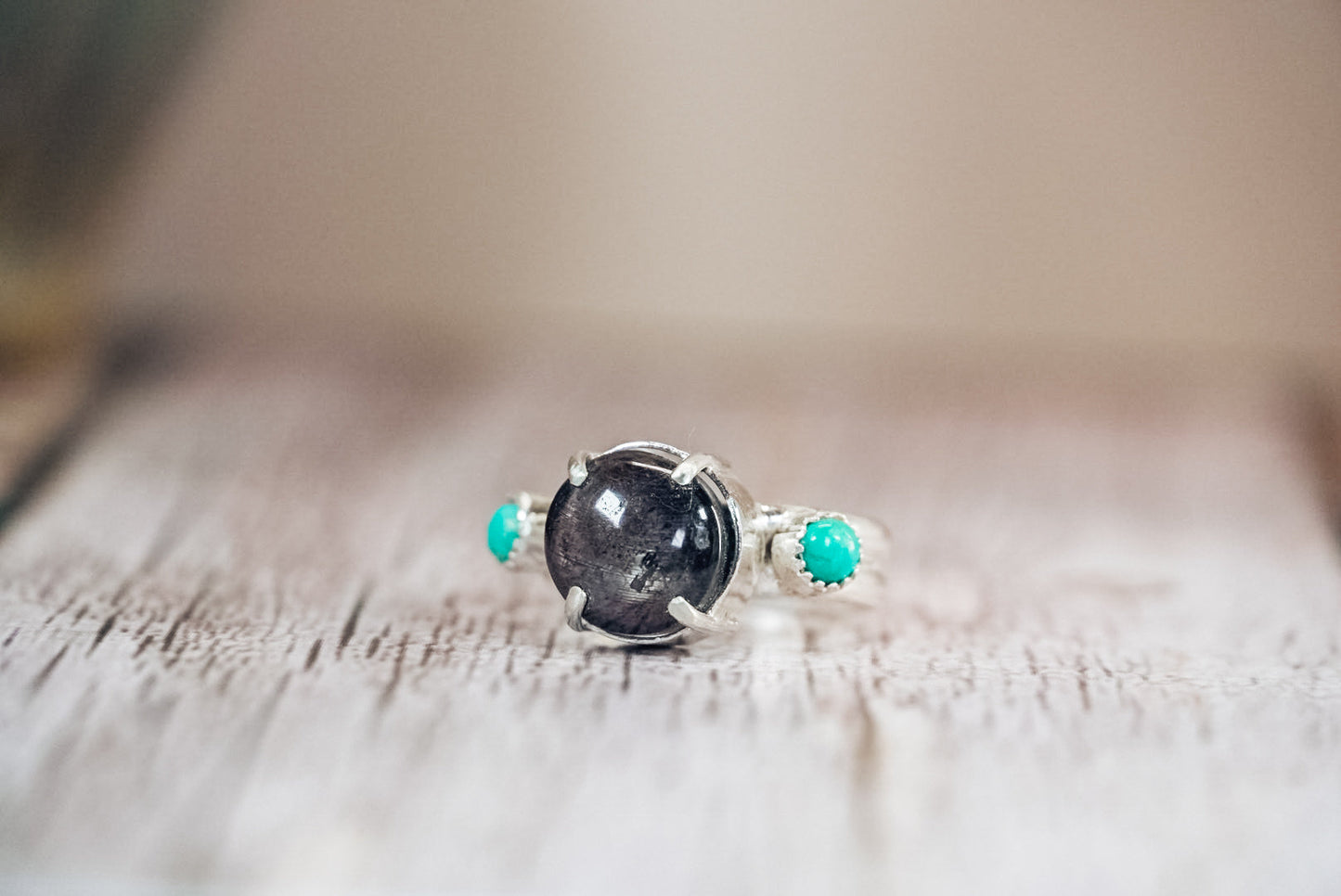 Everyday Weight Handmade Sterling Silver Ring with Star Sapphire + Kingman Turquoise | Western Statement Ring | Size 8.5