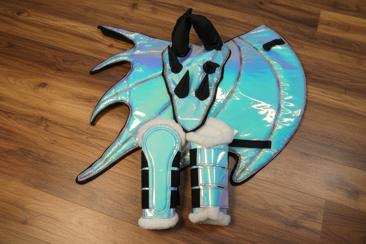 Dragon Saddle Pad, Ear Bonnet & Horse Boot Set, Breathable Shock-Absorbing Equestrian Gear