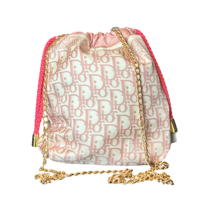 Trotter Pink Vintage Silk Scarf Drawstring Crossbody Bag
