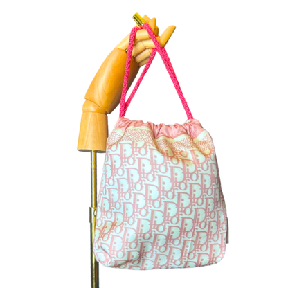 Trotter Pink Vintage Silk Scarf Drawstring Crossbody Bag