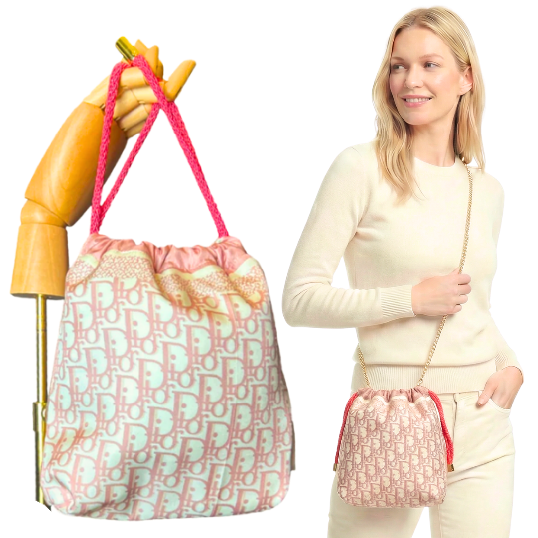 Trotter Pink Vintage Silk Scarf Drawstring Crossbody Bag