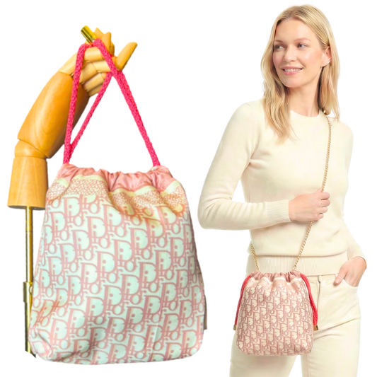 Trotter Pink Vintage Silk Scarf Drawstring Crossbody Bag