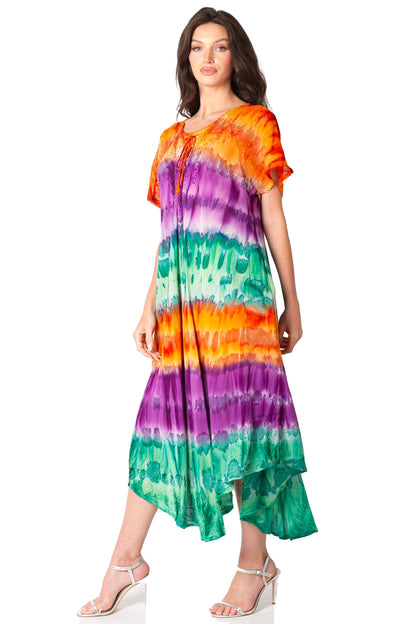 Sakkas Sula Long Laced Tie-Dye Wide Neck Embroidered Boho Sundress Cover Up