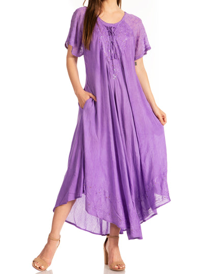 Sakkas Myani Two Tone Embroidered Sheer Cap Sleeve Caftan Long Dress | Cover Up