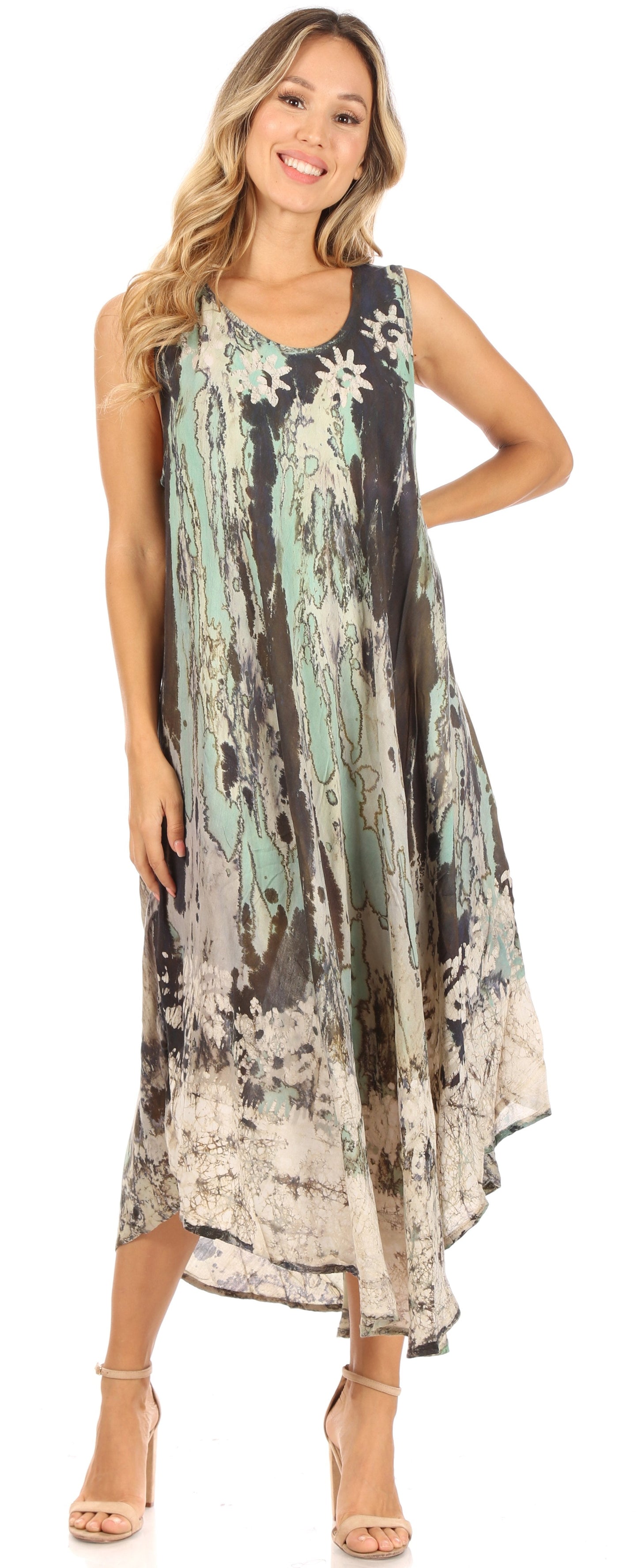 Sakkas Julia Boho Flared Multi-color Marble Batik Cotton Long Dress  / Cover Up