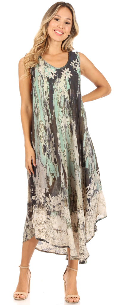 Sakkas Julia Boho Flared Multi-color Marble Batik Cotton Long Dress  / Cover Up