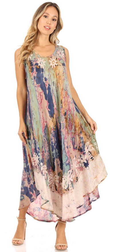 Sakkas Julia Boho Flared Multi-color Marble Batik Cotton Long Dress  / Cover Up