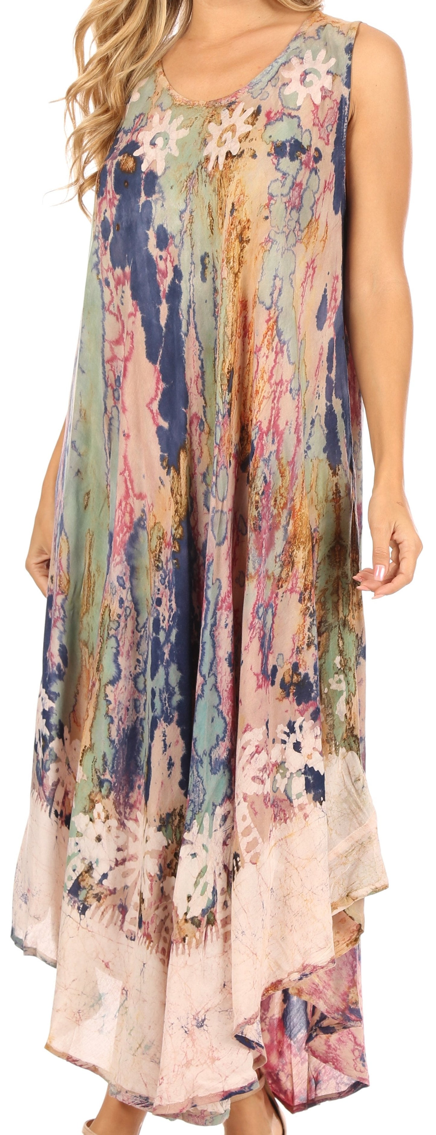 Sakkas Julia Boho Flared Multi-color Marble Batik Cotton Long Dress  / Cover Up