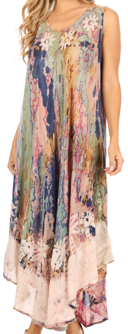 Sakkas Julia Boho Flared Multi-color Marble Batik Cotton Long Dress  / Cover Up