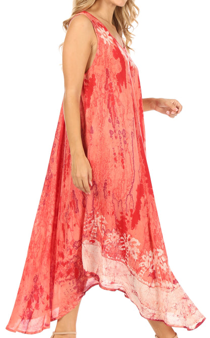 Sakkas Julia Boho Flared Multi-color Marble Batik Cotton Long Dress  / Cover Up