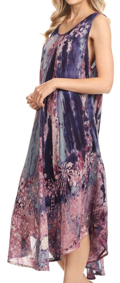 Sakkas Julia Boho Flared Multi-color Marble Batik Cotton Long Dress  / Cover Up