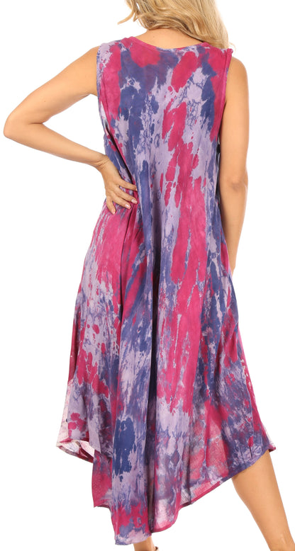 Sakkas Julia Boho Flared Multi-color Marble Batik Cotton Long Dress  / Cover Up