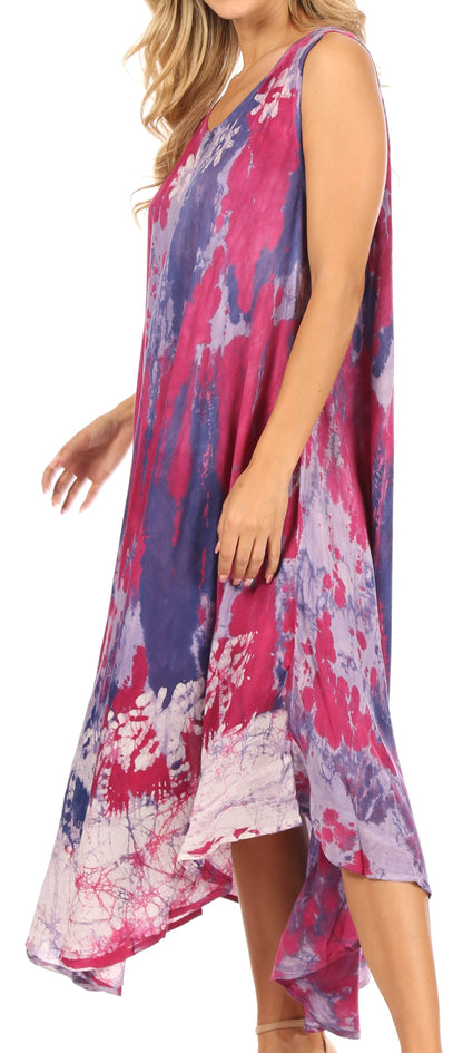 Sakkas Julia Boho Flared Multi-color Marble Batik Cotton Long Dress  / Cover Up
