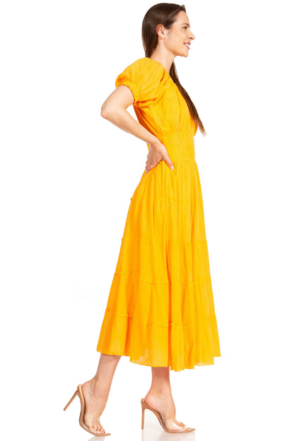 Sakkas Cotton Crepe Smocked Peasant Gypsy Boho Renaissance Mid Length Dress