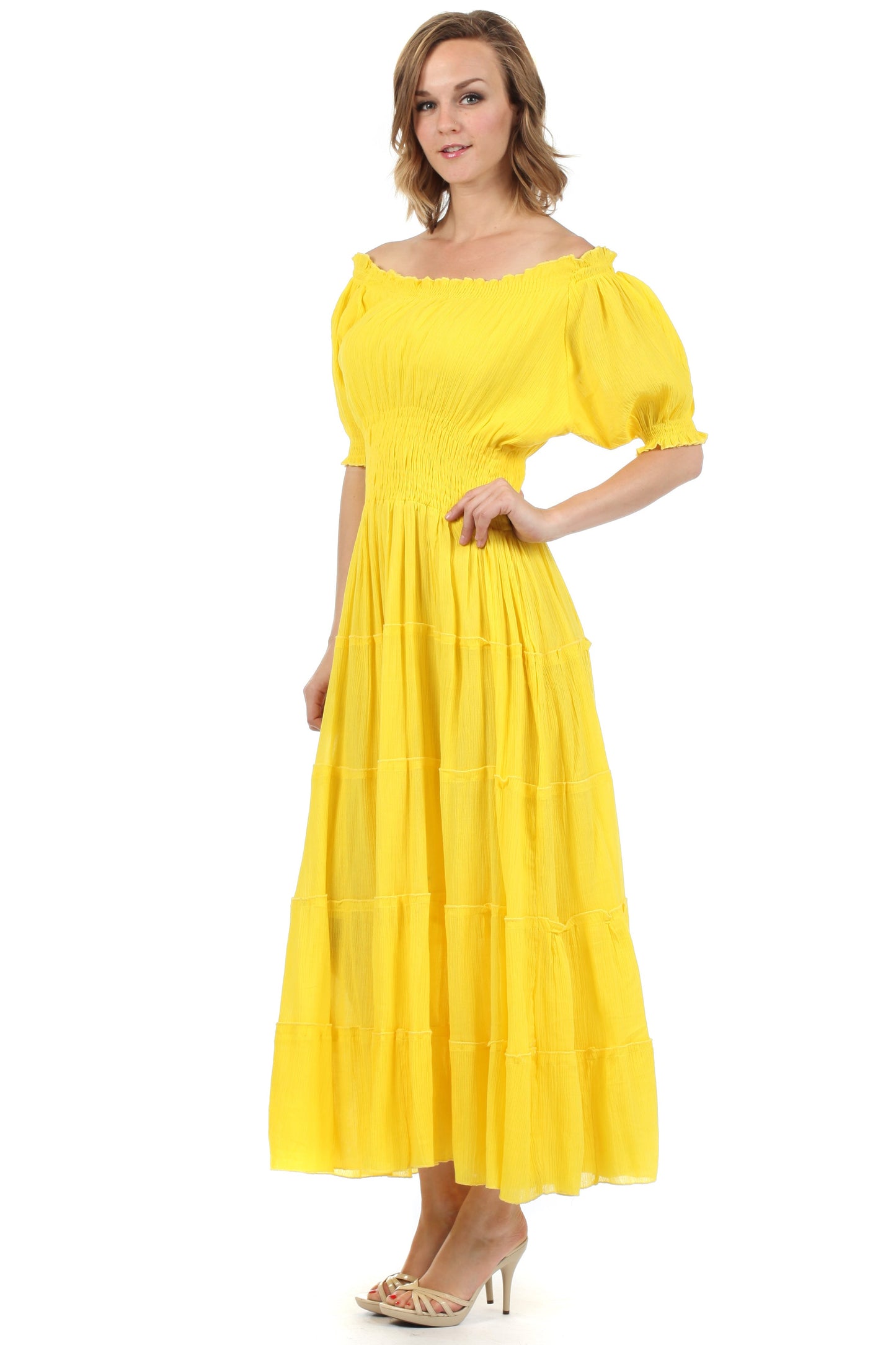 Sakkas Cotton Crepe Smocked Peasant Gypsy Boho Renaissance Mid Length Dress
