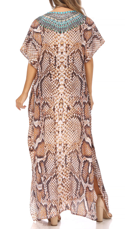 Sakkas Vicky Women's Casual Long Print Short Sleeve Petite Beach Maxi Caftan Dress - Buy One Get One Free
