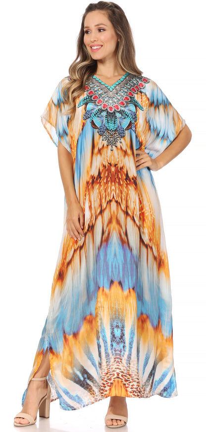 Sakkas Vicky Women's Casual Long Print Short Sleeve Petite Beach Maxi Caftan Dress - Buy One Get One Free