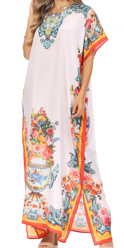 Sakkas Vicky Women's Casual Long Print Short Sleeve Petite Beach Maxi Caftan Dress - Buy One Get One Free