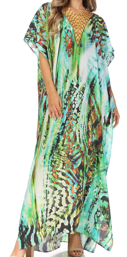 Sakkas Vicky Women's Casual Long Print Short Sleeve Petite Beach Maxi Caftan Dress - Buy One Get One Free