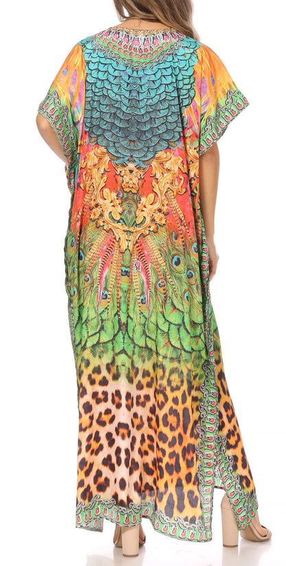 Sakkas Vicky Women's Casual Long Print Short Sleeve Petite Beach Maxi Caftan Dress - Buy One Get One Free