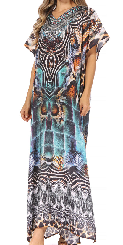 Sakkas Vicky Women's Casual Long Print Short Sleeve Petite Beach Maxi Caftan Dress - Buy One Get One Free
