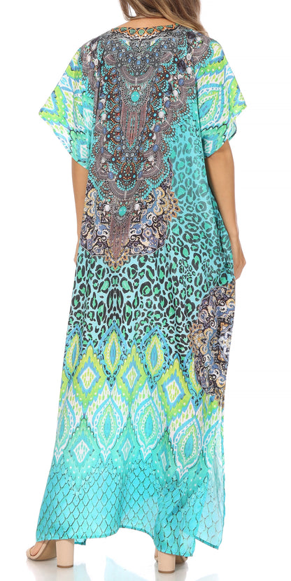 Sakkas Vicky Women's Casual Long Print Short Sleeve Petite Beach Maxi Caftan Dress - Buy One Get One Free