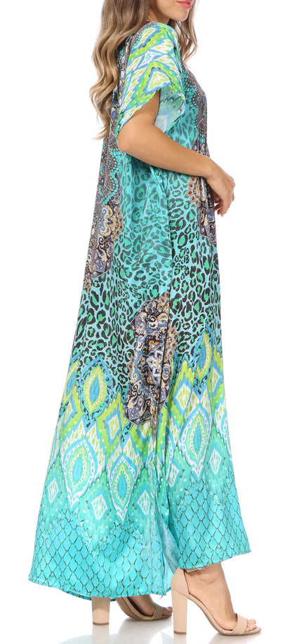 Sakkas Vicky Women's Casual Long Print Short Sleeve Petite Beach Maxi Caftan Dress - Buy One Get One Free