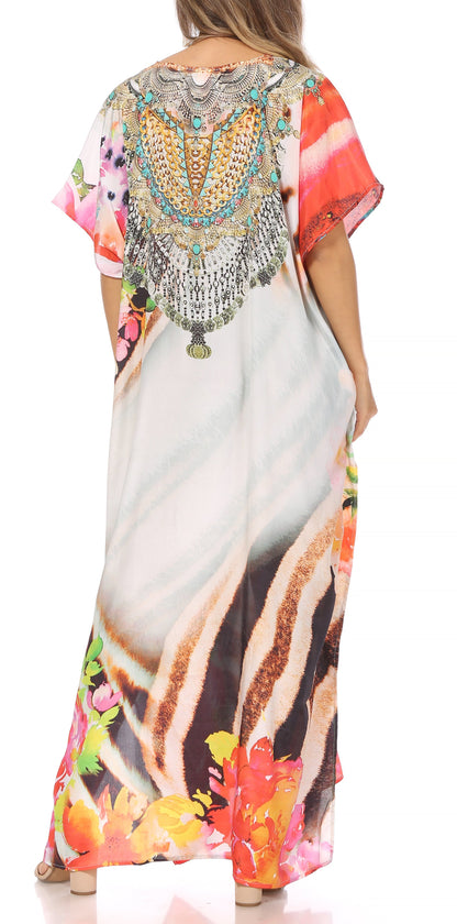 Sakkas Vicky Women's Casual Long Print Short Sleeve Petite Beach Maxi Caftan Dress - Buy One Get One Free