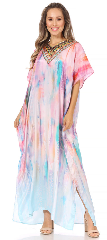 Sakkas Vicky Women's Casual Long Print Short Sleeve Petite Beach Maxi Caftan Dress - Buy One Get One Free