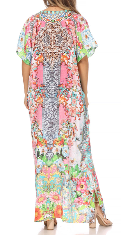 Sakkas Vicky Women's Casual Long Print Short Sleeve Petite Beach Maxi Caftan Dress - Buy One Get One Free