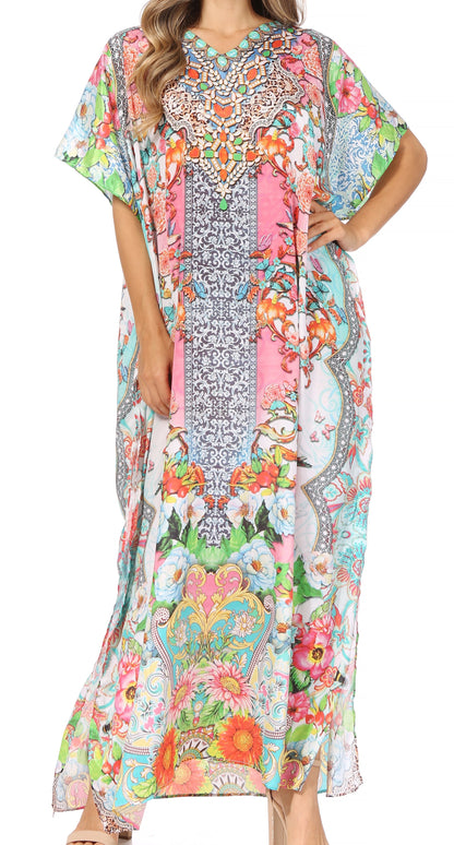 Sakkas Vicky Women's Casual Long Print Short Sleeve Petite Beach Maxi Caftan Dress - Buy One Get One Free