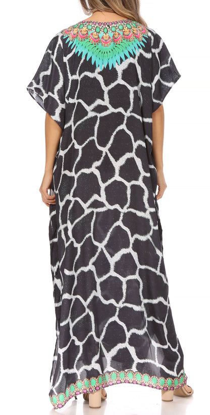Sakkas Vicky Women's Casual Long Print Short Sleeve Petite Beach Maxi Caftan Dress - Buy One Get One Free