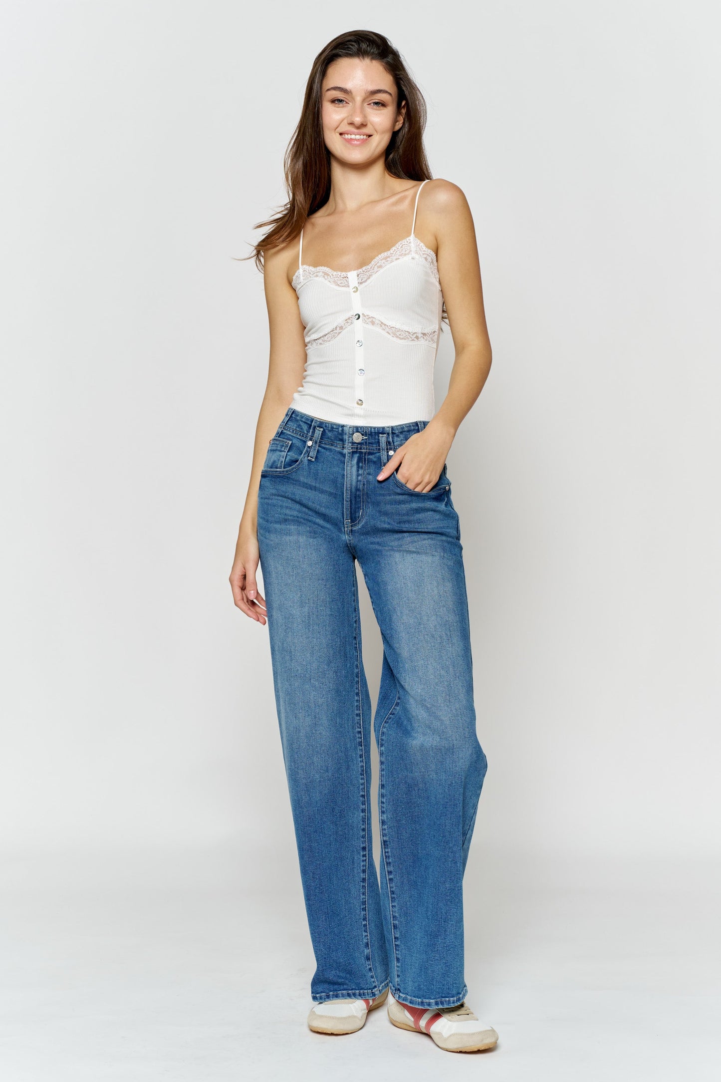 High Rise Wide Leg Jeans with Corset Waist Detail