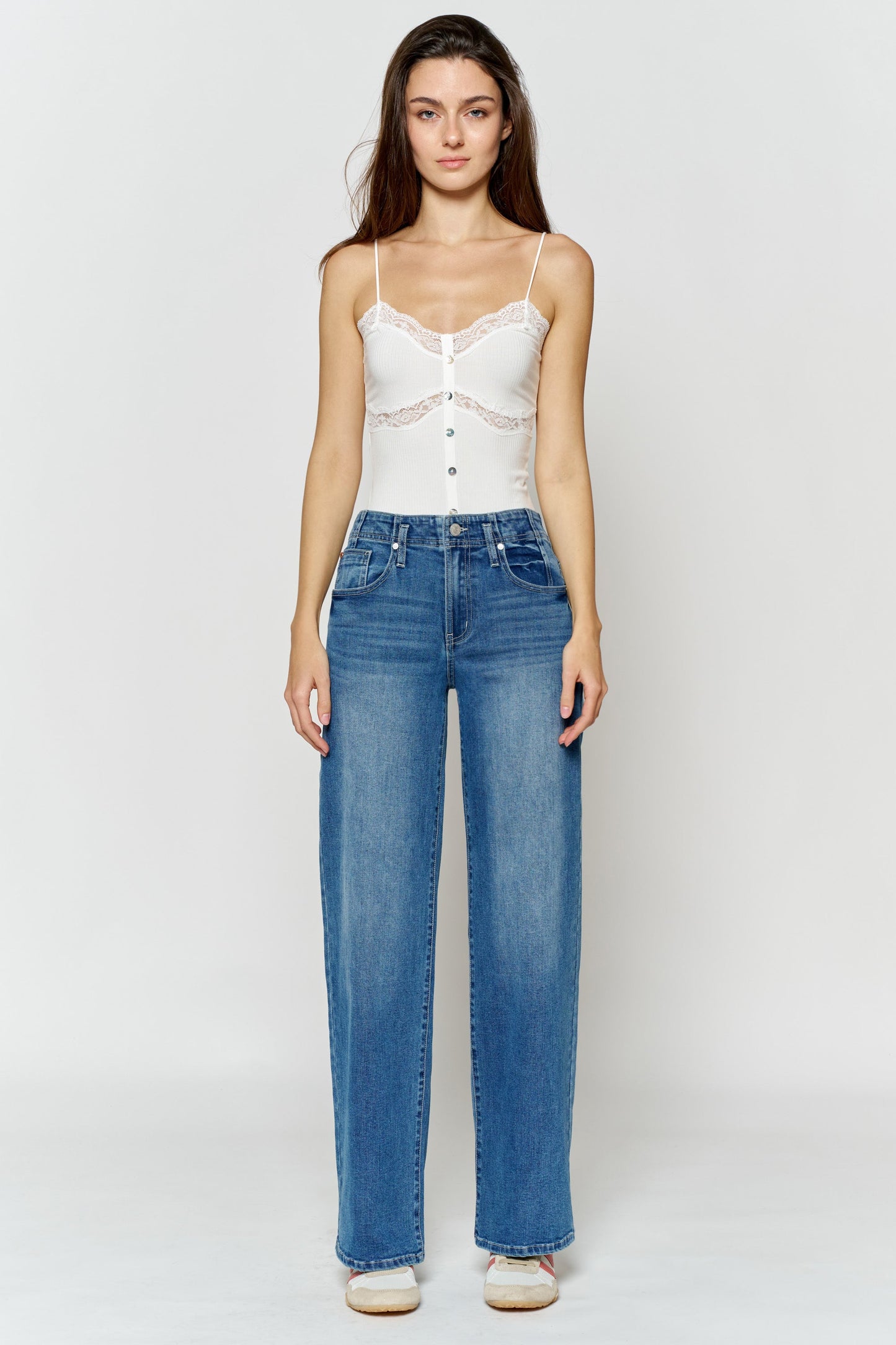 High Rise Wide Leg Jeans with Corset Waist Detail