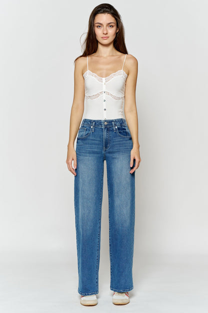High Rise Wide Leg Jeans with Corset Waist Detail