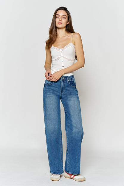 High Rise Wide Leg Jeans with Corset Waist Detail