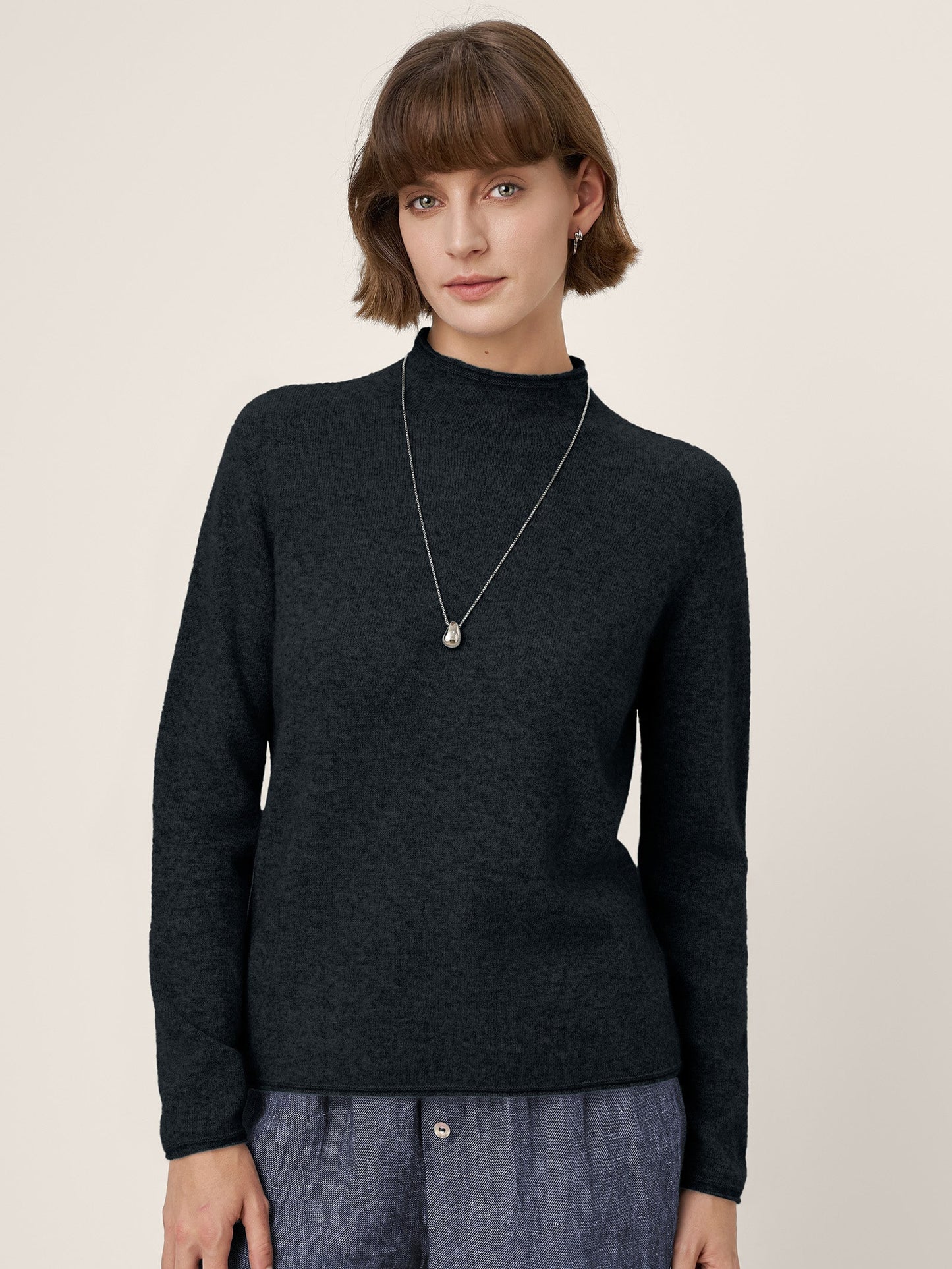 Premium Cashmere Blend Hand-Finished Seamless Mock Neck Lettuce Edge Sweater ZELIE