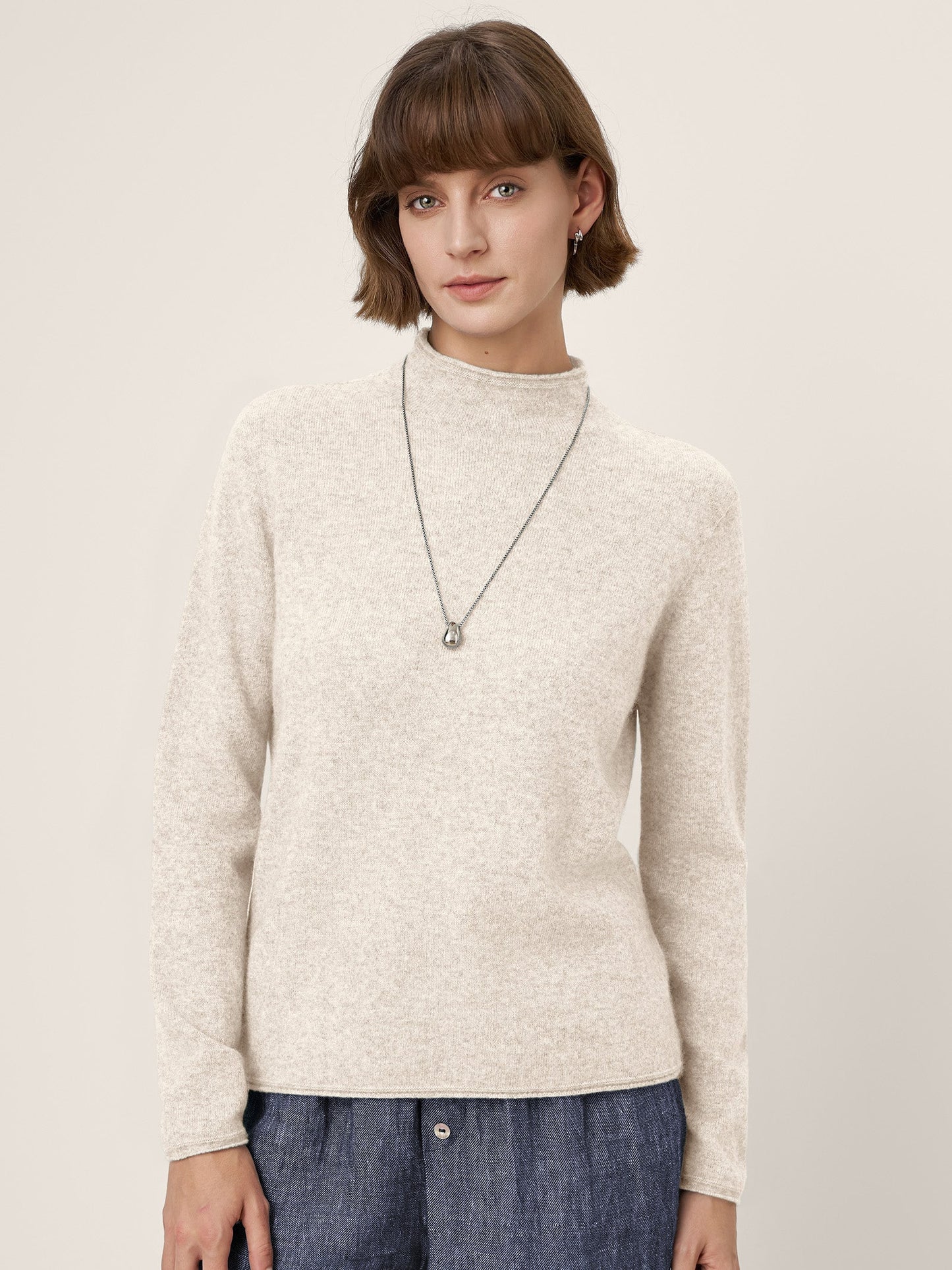 Premium Cashmere Blend Hand-Finished Seamless Mock Neck Lettuce Edge Sweater ZELIE