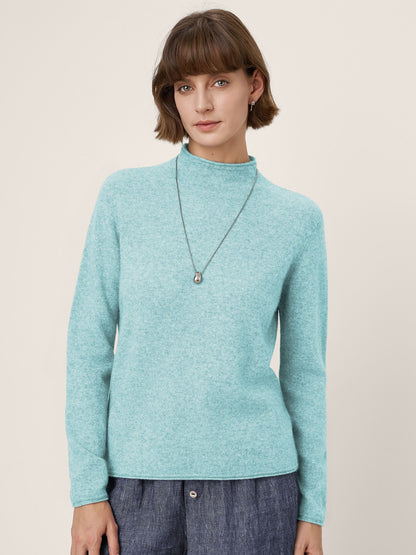 Premium Cashmere Blend Hand-Finished Seamless Mock Neck Lettuce Edge Sweater ZELIE