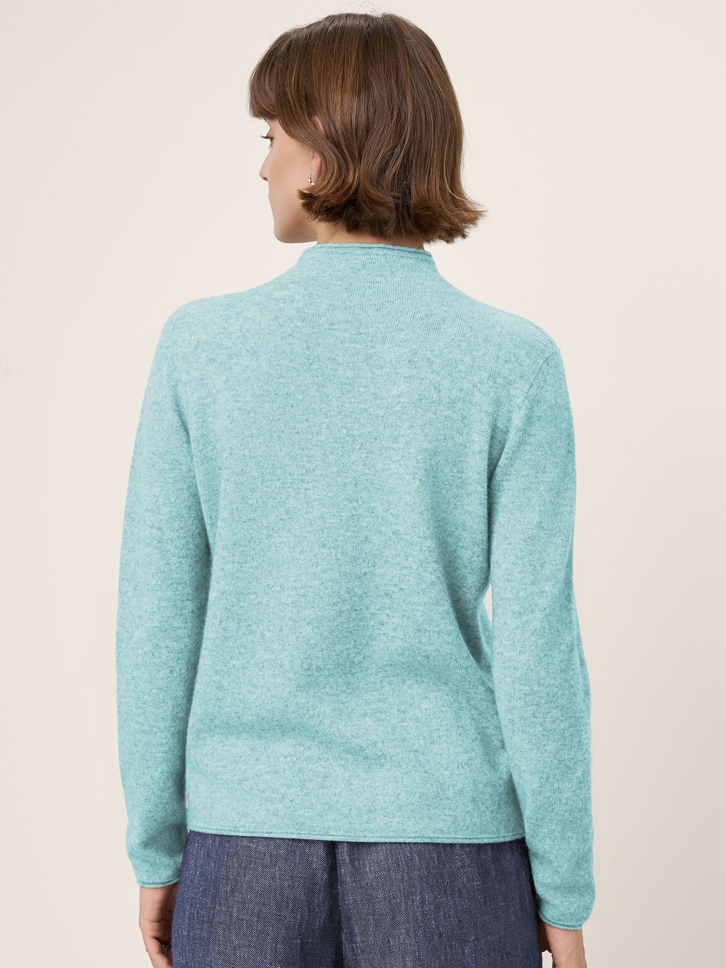 Premium Cashmere Blend Hand-Finished Seamless Mock Neck Lettuce Edge Sweater ZELIE