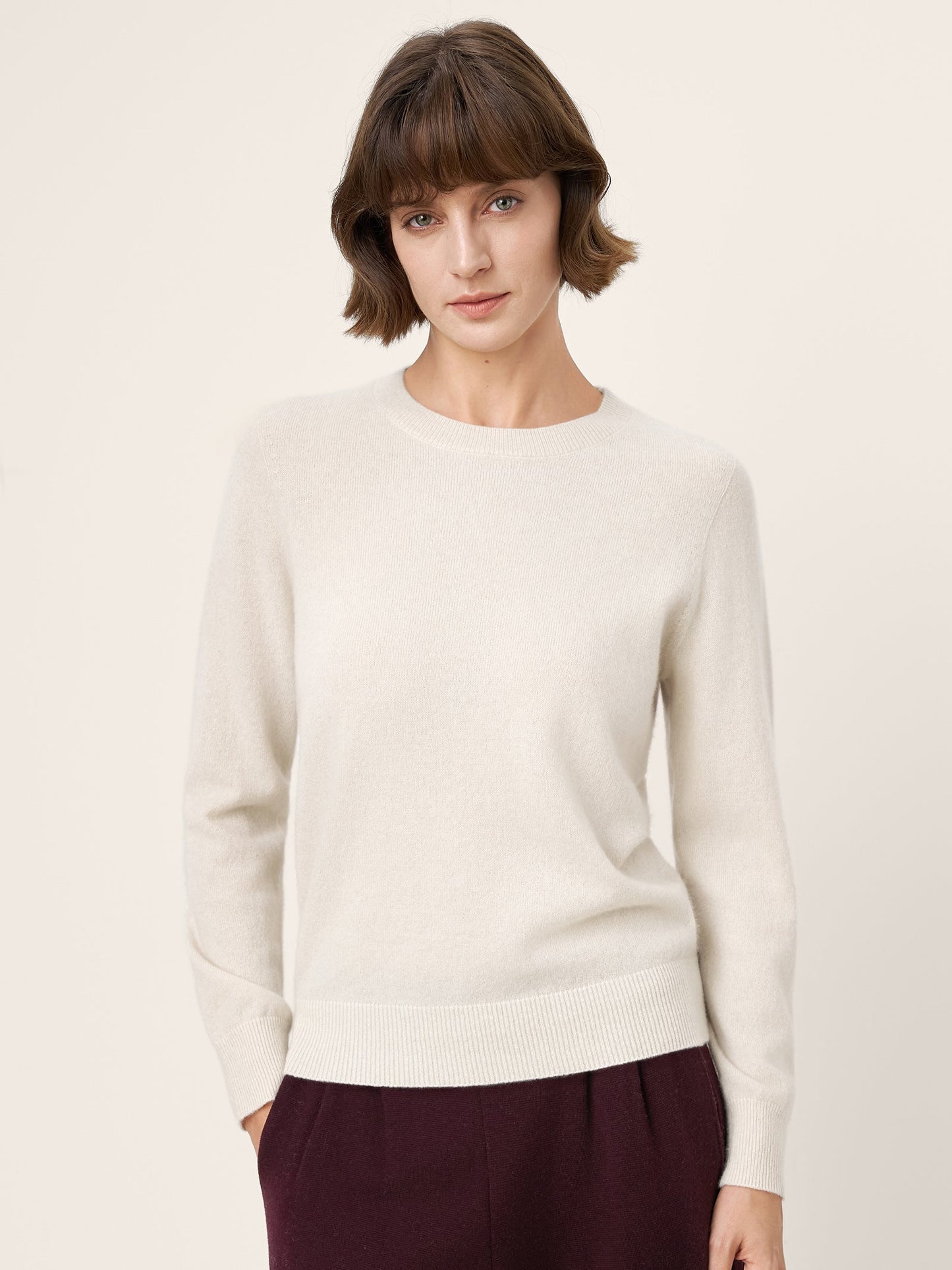 100% Mongolian Cashmere Seamless Ribbed Trims Crewneck Sweater TAWNY