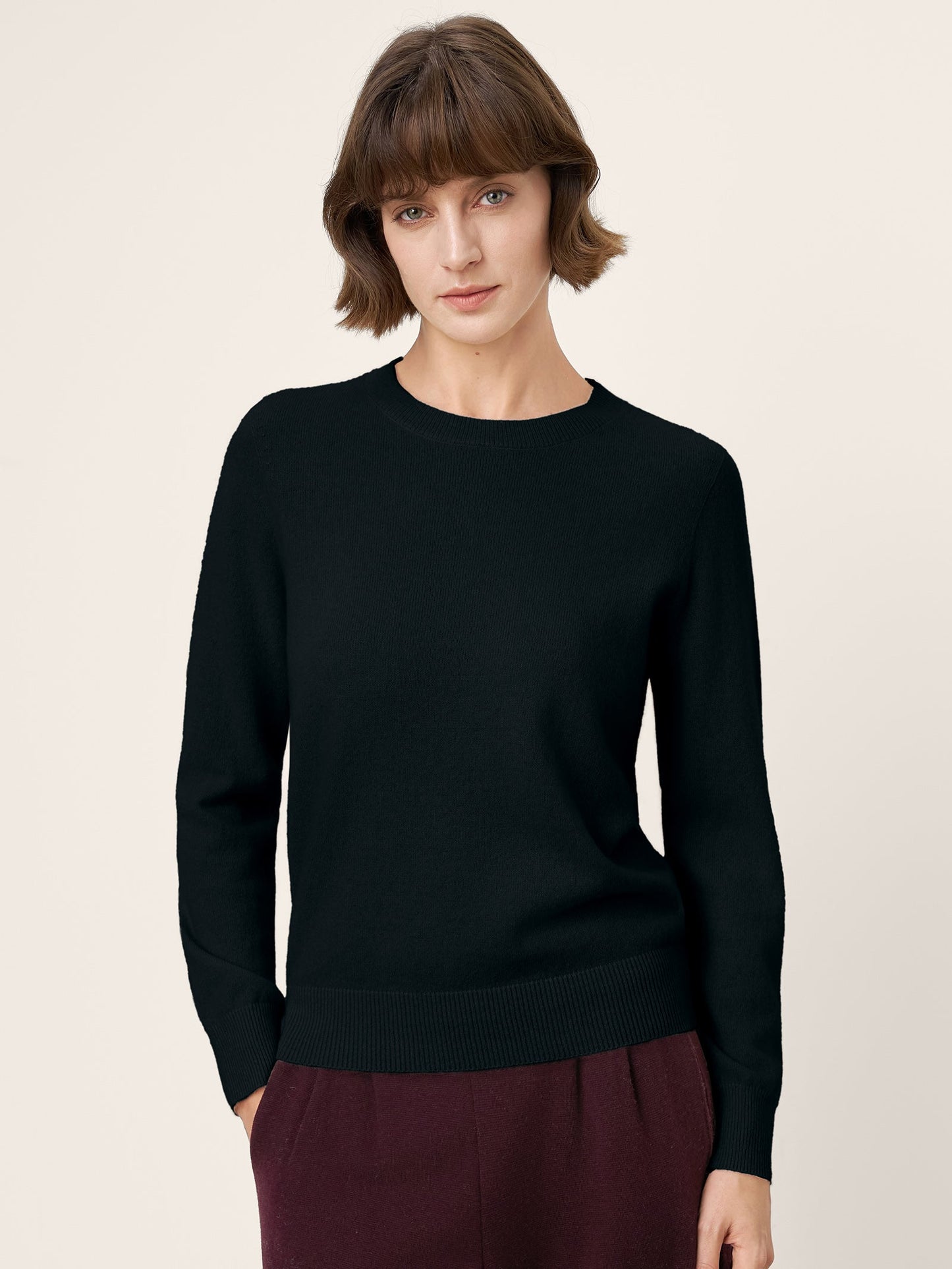 100% Mongolian Cashmere Seamless Ribbed Trims Crewneck Sweater TAWNY