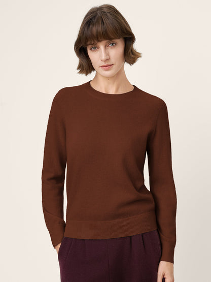 100% Mongolian Cashmere Seamless Ribbed Trims Crewneck Sweater TAWNY