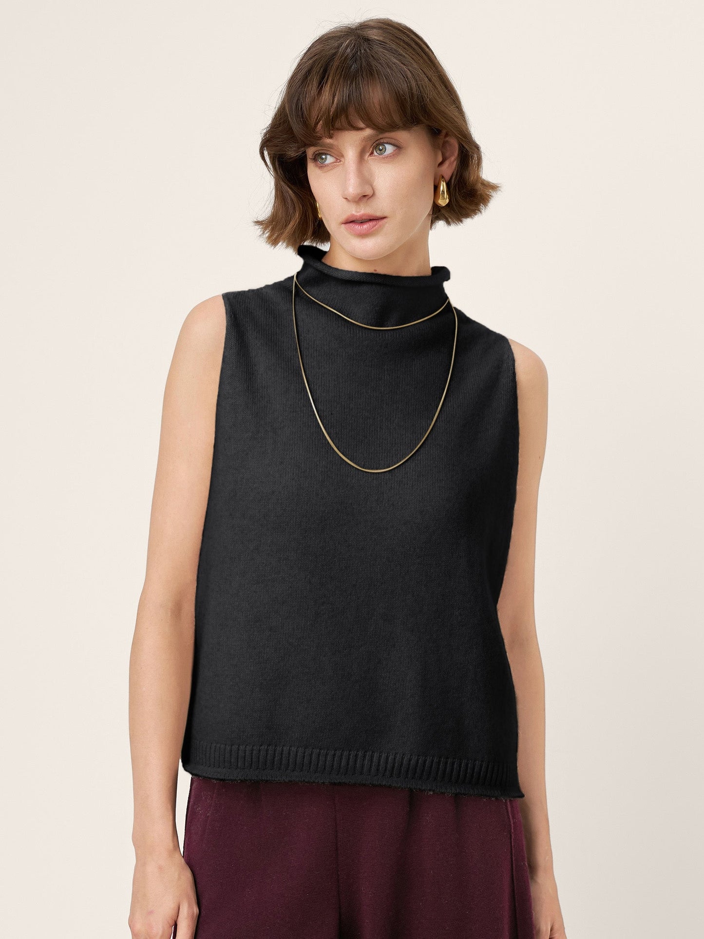 100% Mongolian Cashmere Hand-Finished Rolled Edge Sleeveless Turtleneck Knit Top DAISY