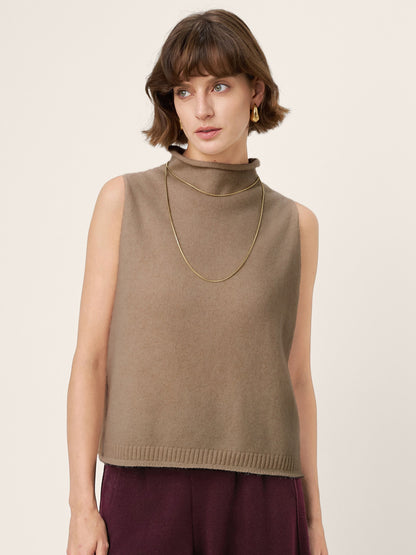 100% Mongolian Cashmere Hand-Finished Rolled Edge Sleeveless Turtleneck Knit Top DAISY