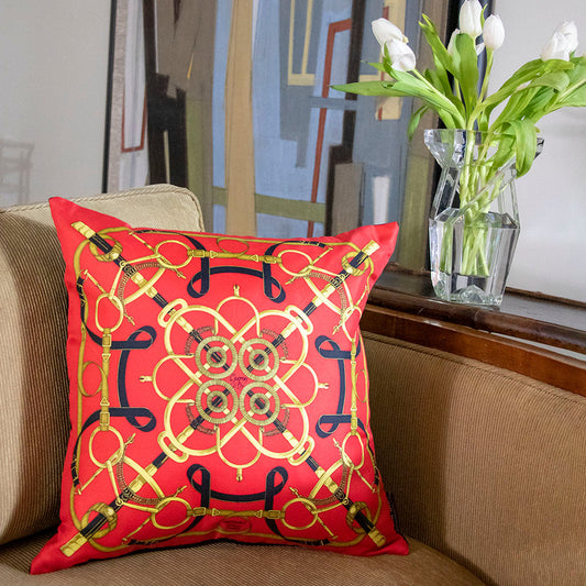 Eperon d'Or Red Vintage Silk Scarf Pillow  17"