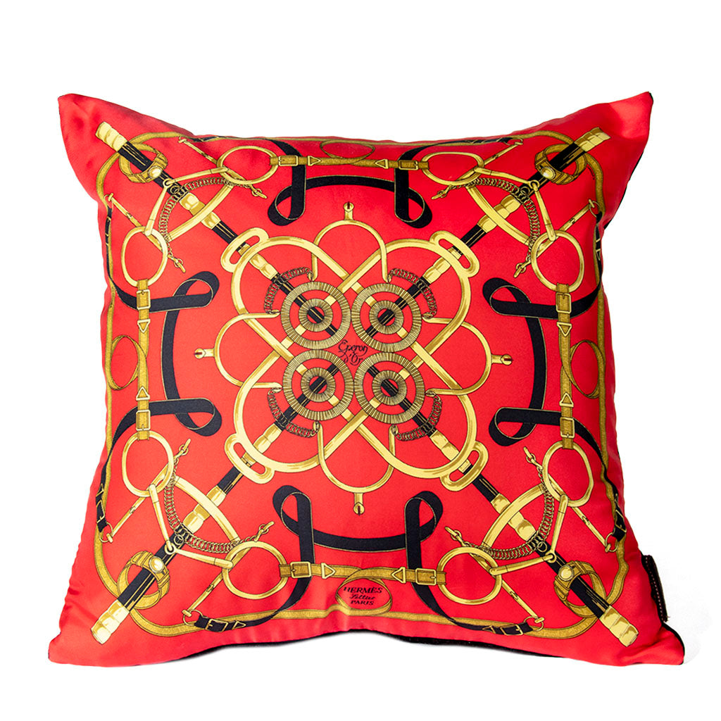 Eperon d'Or Red Vintage Silk Scarf Pillow  17"