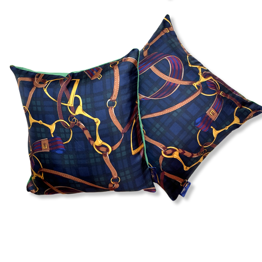 Equestrian Black Watch Tartan Vintage Silk Scarf Pillows 18"