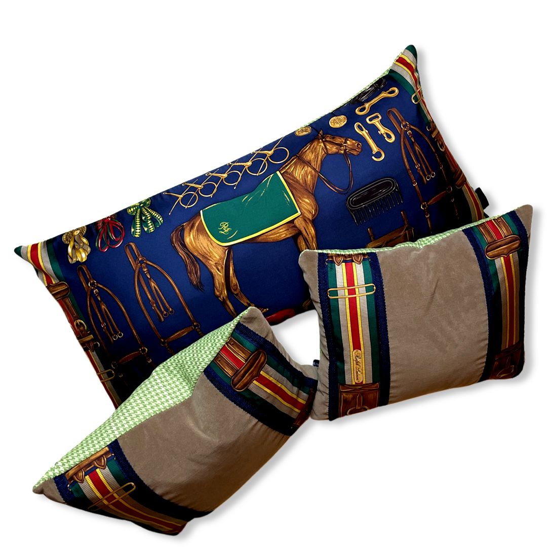 Equestrian Houndstooth Vintage Silk Scarf Pillows