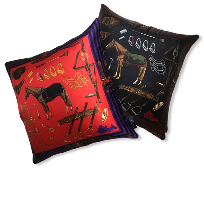 Equestrian Navy Vintage Silk Scarf Pillow 22"